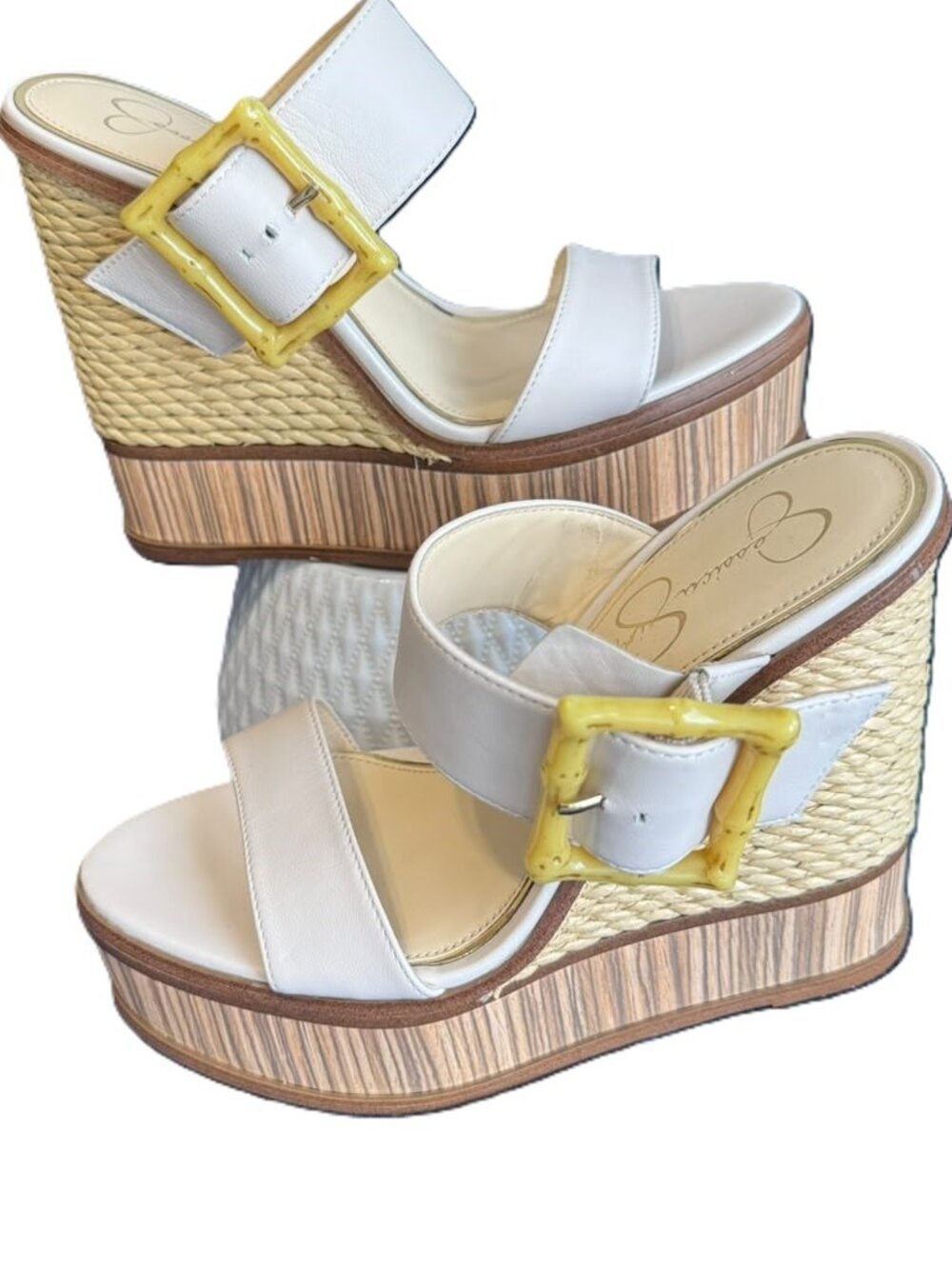 Jessica Simpson Hendrya Ivory Leather Platform Wedge Sandal Ankle Strap Buckle 9